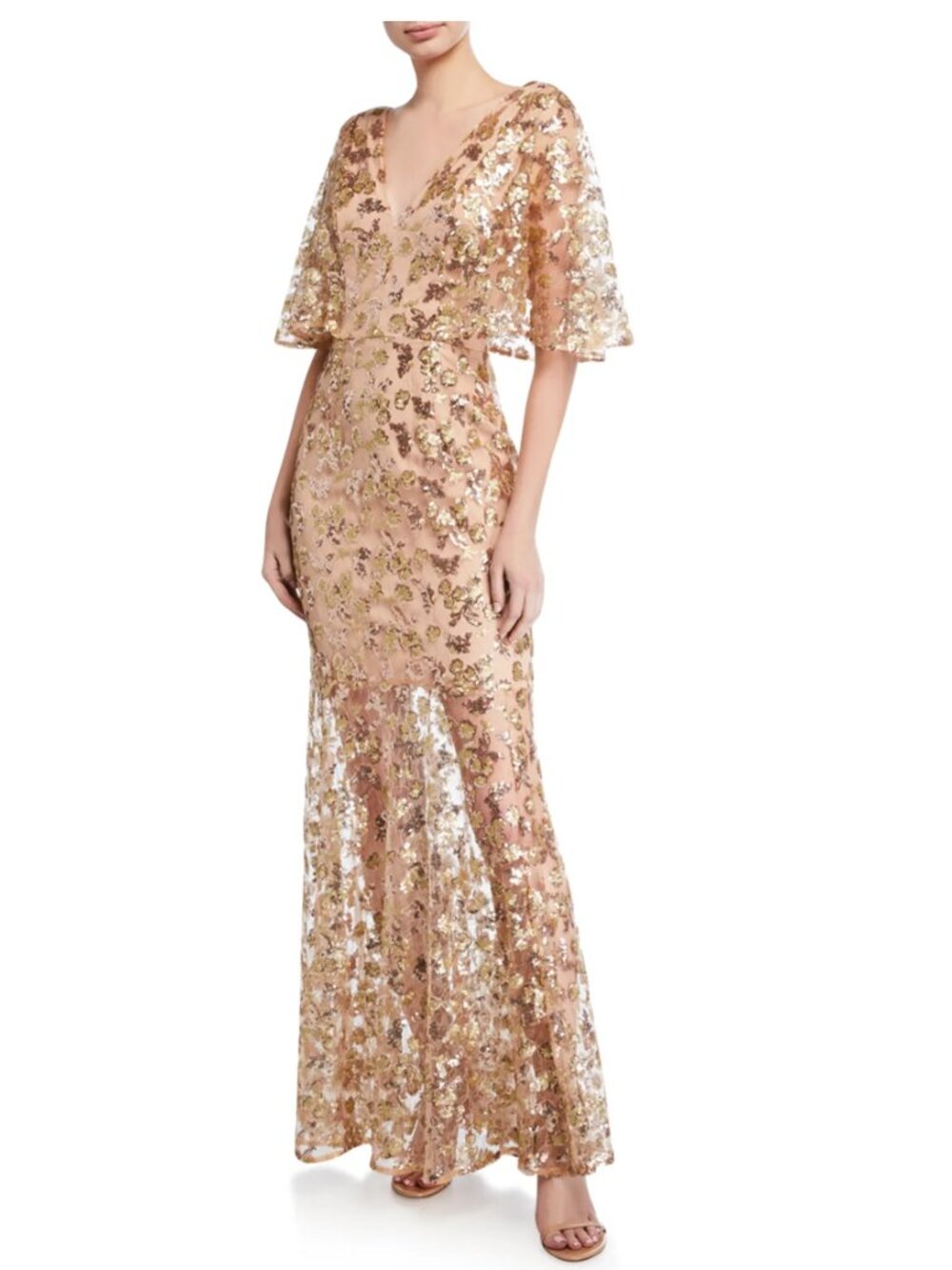NWT Dress the Population Lourdes Sequin Flutter-Sleeve Illusion Gown Small